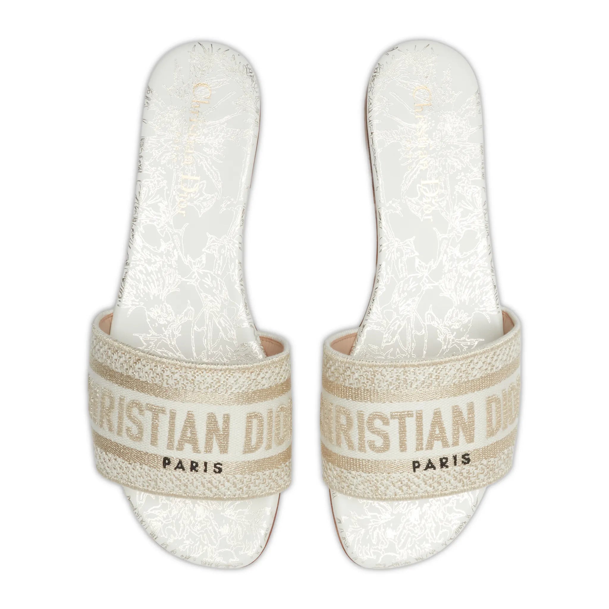Upper View of Dior Dway Embroidered Cotton Gold White Slides